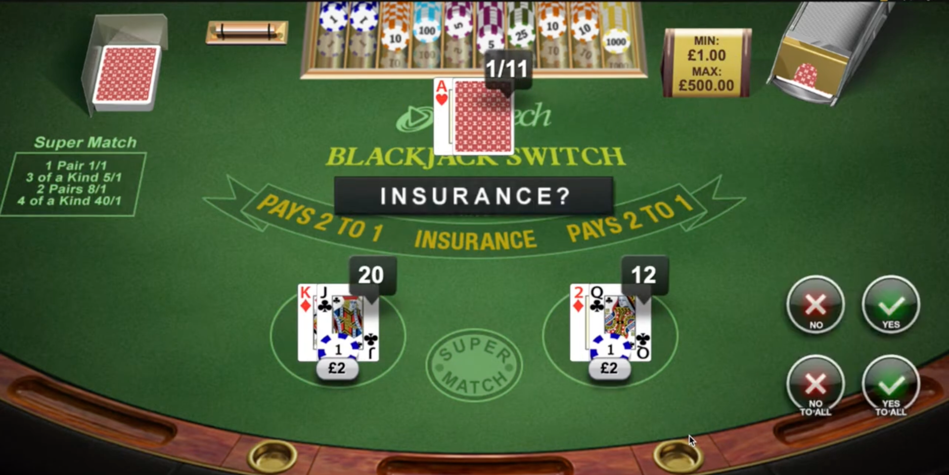 Screenshot of Blackjack Switch insurance